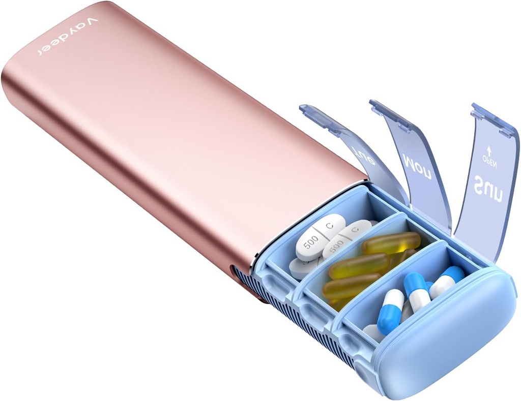 Vaydeer Metal Pill Organisateur de pilules, boîte à pilules hebdomadaire de 7 jours, cas quotidien de pilules mignons de grande capacité pour suppléments, pilules, vitamines et médicaments (petit, or rose)