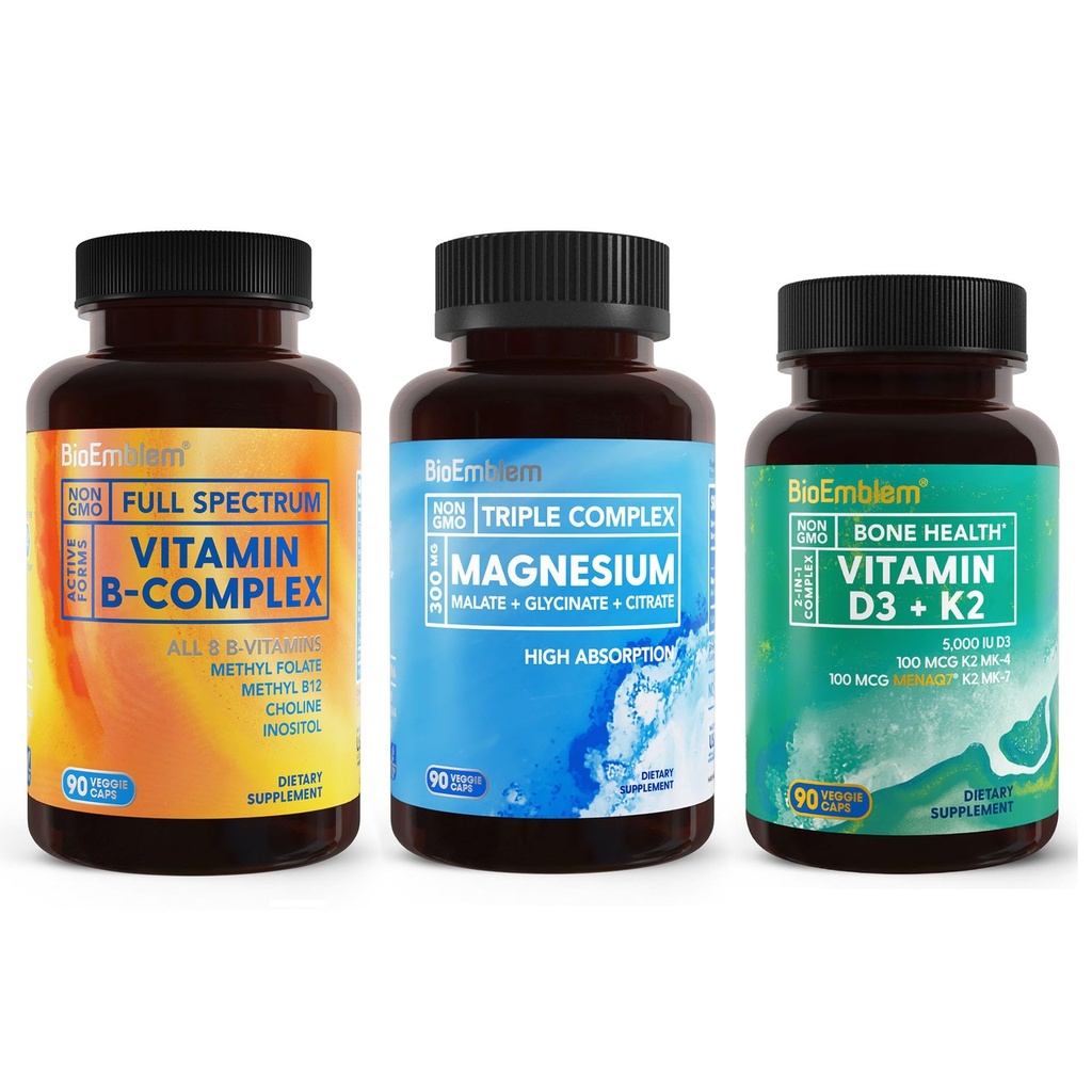 BioEmblem Adults Triple Magnesium Complex and Vitamin D3 K2 and Vitamin B-Complex - 270 Count