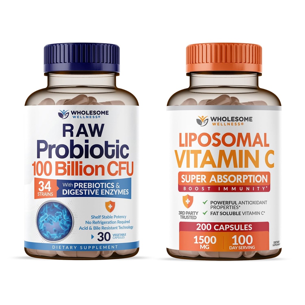 Bien-être sain Probiotiques biologiques 100 milliards CFU, Dr Formulé pour les femmes et les hommes + Capsules de vitamine C liposomique (200 pilules 1500mg buffered)