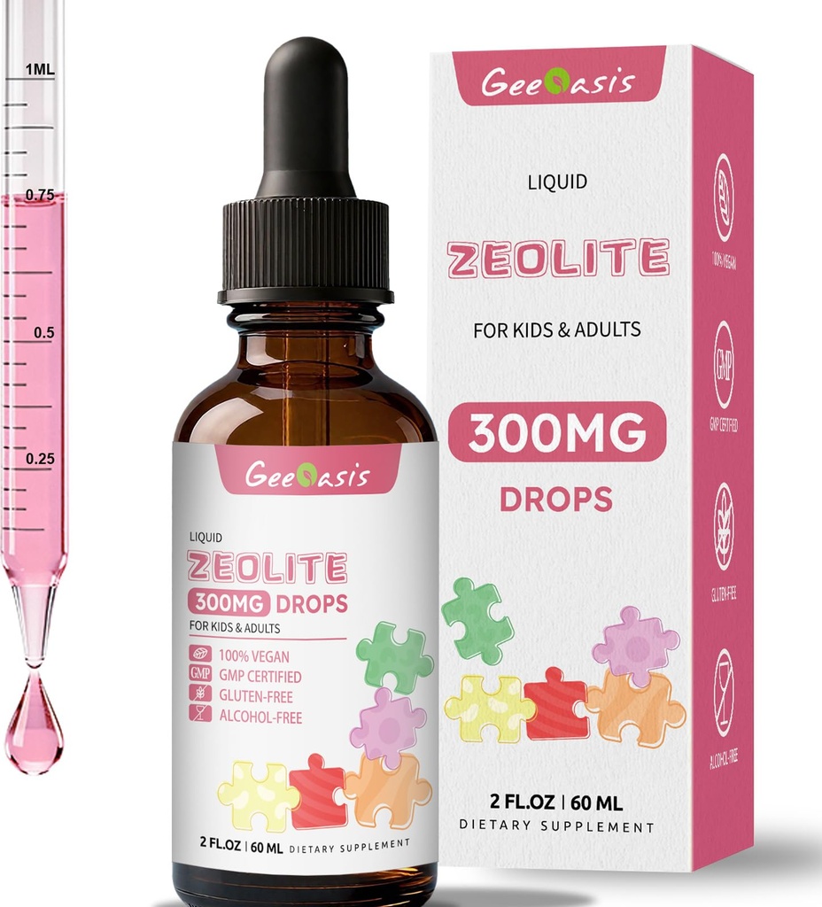 Zeolite Detox for Kids & Adults, 300 mg Zeolite Clinoptilolite Liquid with Vitamin B12 & D3, Vitamin C & Zinc Gluconate, Immune Support & Gut Health, Natural Strawberry Flavor, 2 Fl Oz