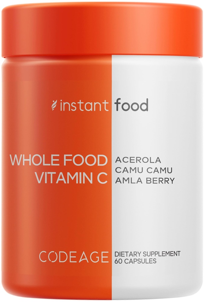 Codeage Whole Food Vitamin C Supplement - Acerola Cherry, Camu Camu, Amla Berry & Rose HIPS Blend - Citrus Bioflavonoids - Instantfood Energy Vitamins - 500mg Vitamin C Pills - Non-GMO - 60 Capsules