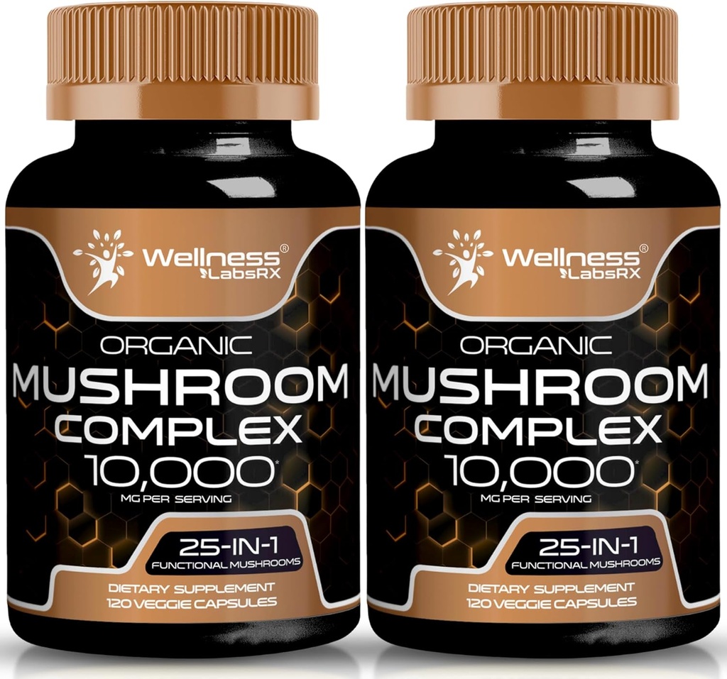 WELLNESS LABSRX Mushroom Supplement Kapseln 10:1 Extrakt, Pilz Complex Kapseln 1000mg, Lions Mane Supplement mit Türkei Tail, Cordyceps, Reishi - 2 Pack