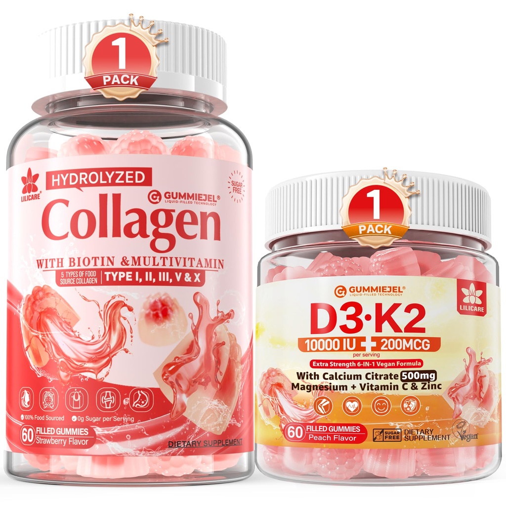LILICARE Collagen Peptide Gummies + Vitamin D3 K2 Gummies for Women & Men