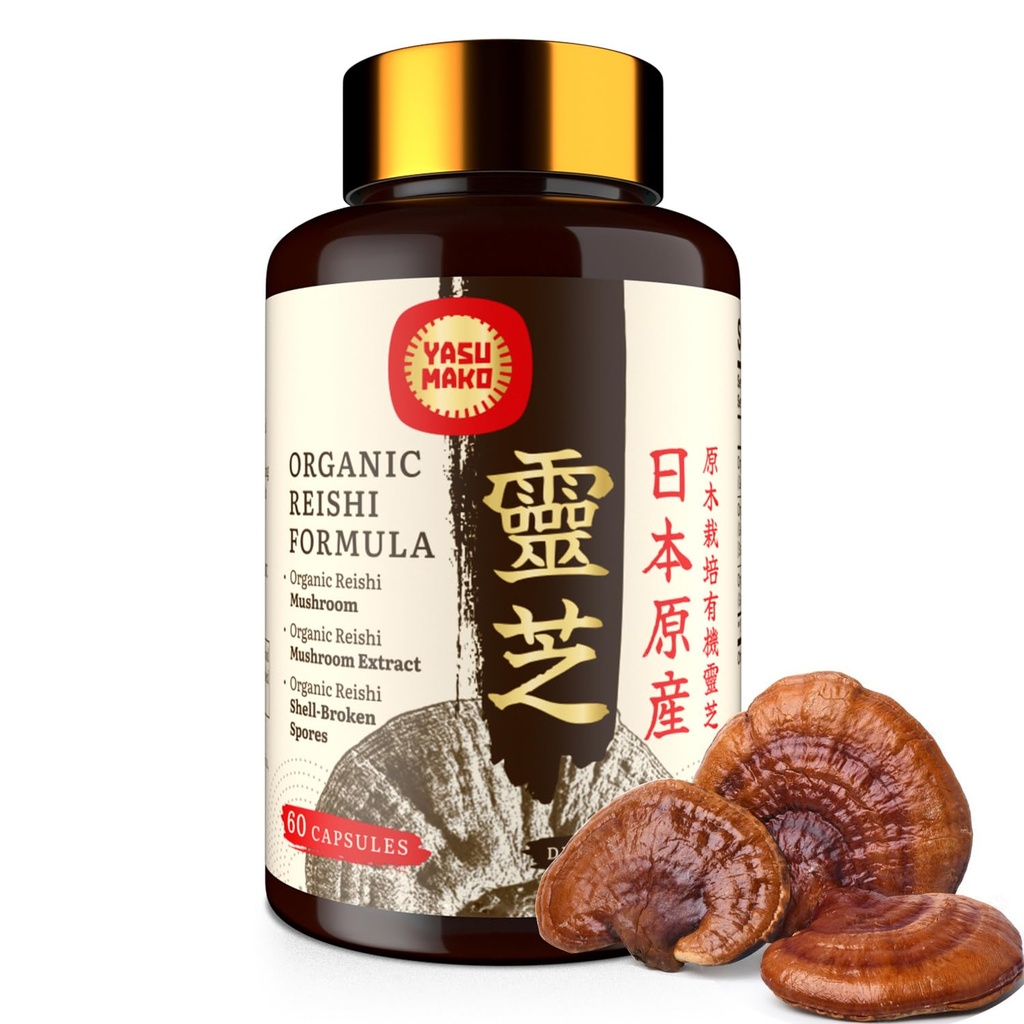 Japanese Reishi Mushroom Supplement 800mg with Reishi Mushroom Extract 500mg & Shell-Broken Spores 200mg,Organic Mushroom Capsules for Immune System - Real Fruiting Body (Pack of 1)