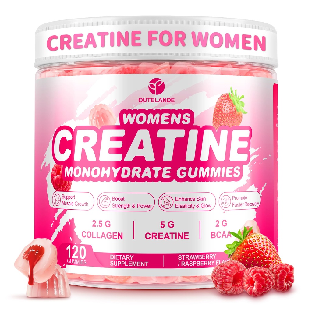 Créatine pour les femmes, Creatina Monohidratada Gummies avec collagène & BCAA, supplément créatine pour la croissance musculaire améliorée, l'énergie boost avec L-Carnitine & Taurine, sans sucre, fraise parfumée-120 Ct