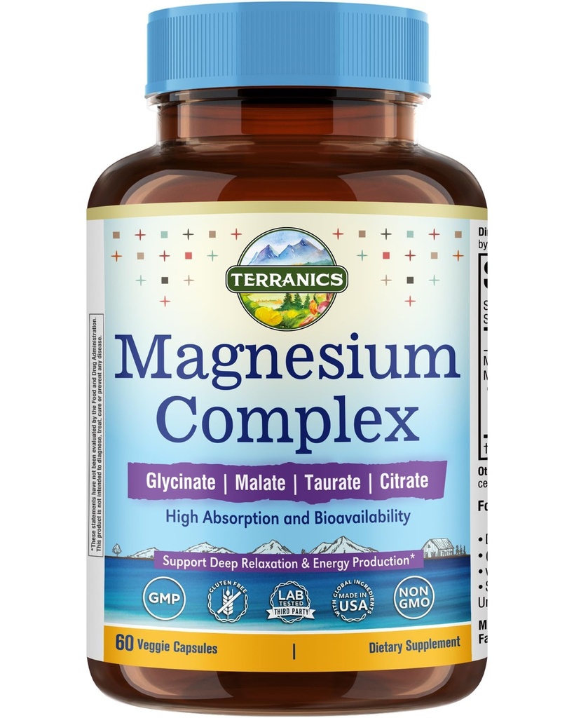 Terranics Magnesium Complex 500mg, Glycinate, Malate, Taurate, Citrate, Chelated Purified Easily Absorbed Magnesium Supplement for Sleep, Heart, Energy, Digestion Support, 60 Capsules