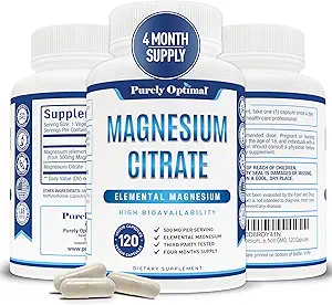 Citrato di magnesio puramente ottimale 500mg – Integratore di magnesio per la salute digestiva, Rilievo di costipazione delicato, Supporto muscolare e sonno, Calma & Rilassamento – Alta assorbimento, 120 Caps di facile da usare