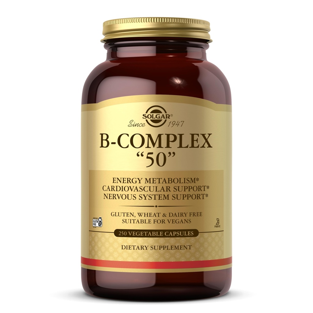 Solgar B-Complex “50”, 250 Vegetable Capsules - Energy Metabolism, Cardiovascular Support, Nervous System Support - Non-GMO, Vegan, Gluten Free, Dairy Free, Kosher - 250 Servings