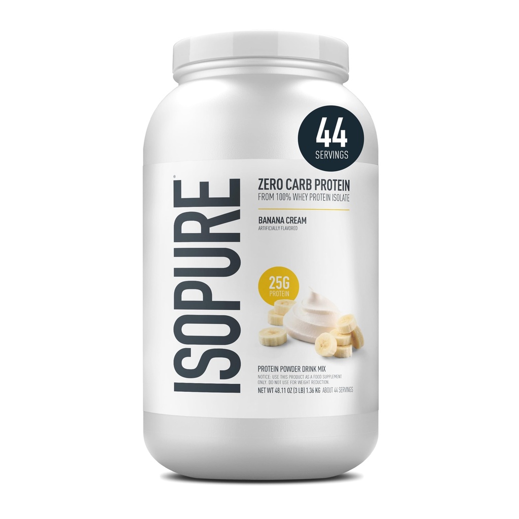 Isopure Zero Carb 100% pur poudre de protéines de lactosérum, sans gluten, avec des vitamines, crème de banane, 25g de protéines par portion, 3 Lbs, 44 portions (paquetage mai Vary)