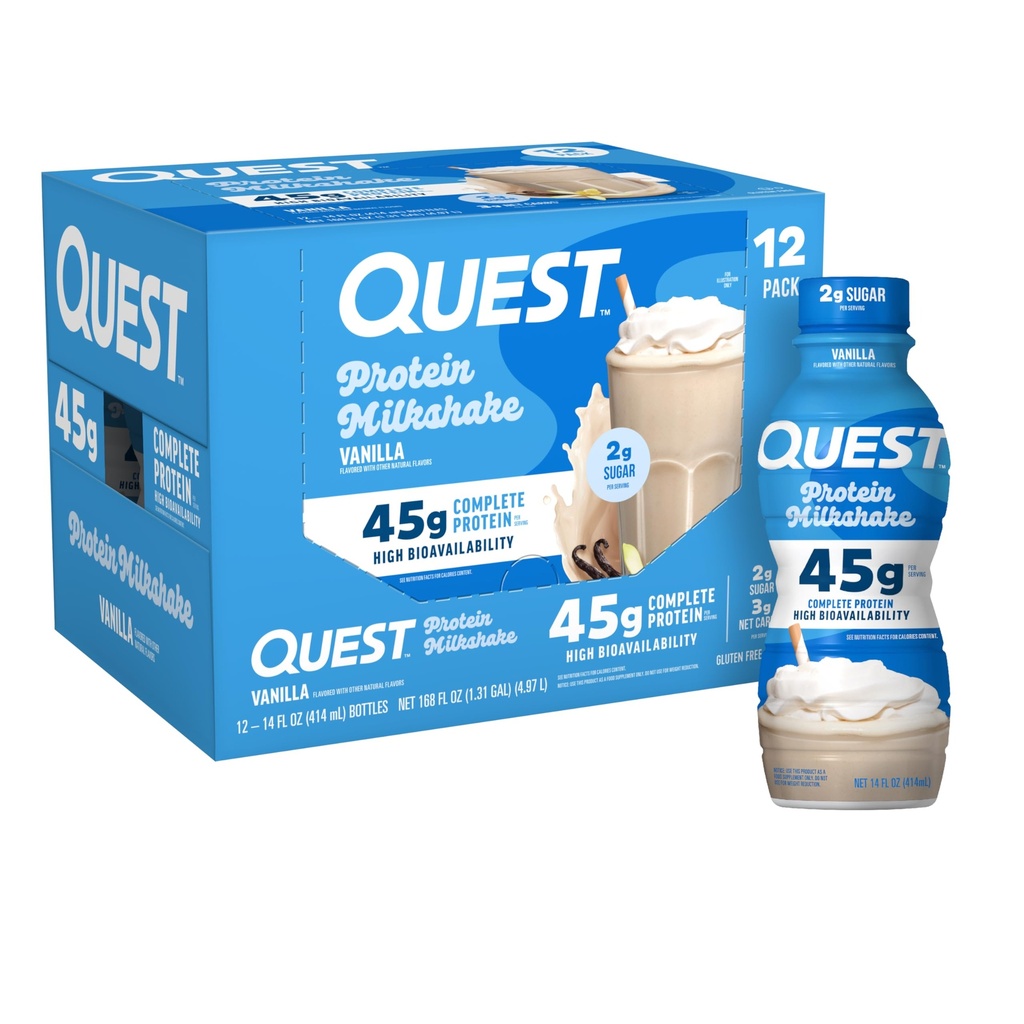 Quest Nutrition Vanilla Protein Shake, 45g Protein, 2g Sugar, 3g Net Carbs, Ready to Drink, Gluten Free, 12 Count