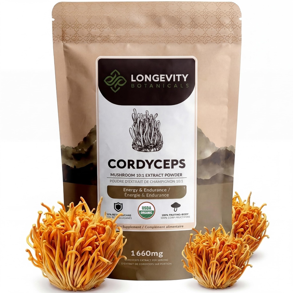 Langlebigkeit Botanicals Organische Cordyceps Pilzextrakt Pulver 100g | Konzentriert 10:1 Ratio | 100% Fruchtkörper | Cordyceps Militaris Natürliche Ergänzung für Energie, Stamina & Atmungshilfe