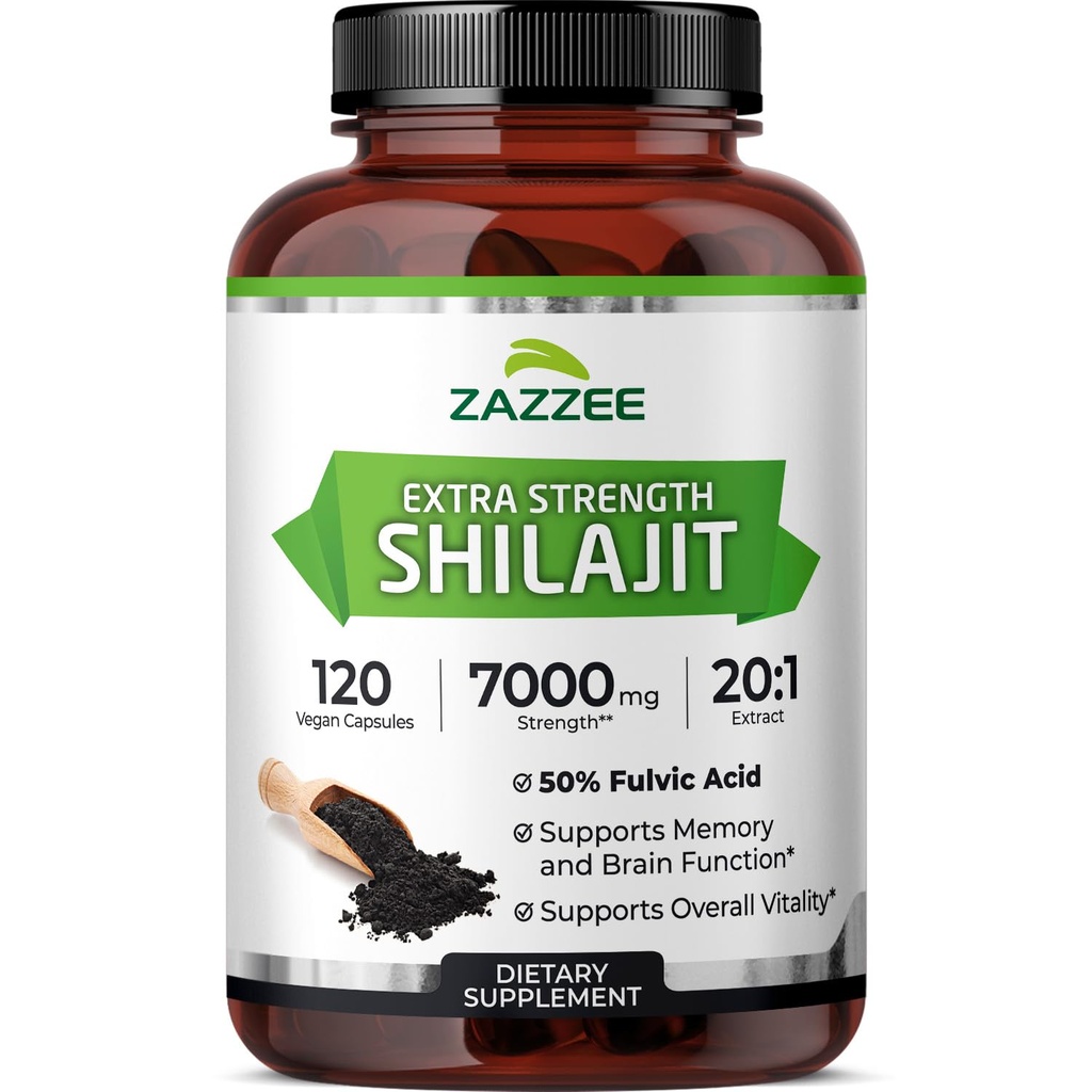 Zazzee 100% Pure Himalayan Shilajit 20:1 Extrakt, 7000 mg Stärke pro Kapsel, 50% Fulvic Acid, 120 Portionen pro Flasche, 20X Potency, Rich in Trace Minerals, Non-GMO, Vegan, Made in USA