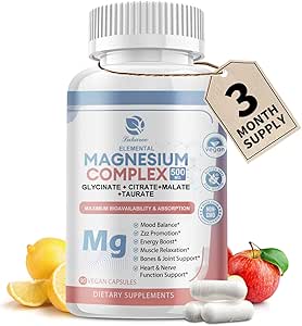 Magnesio Supplemento 500mg, Magnesio Glycinate, Malate, Taurate, Citrate Complex & Herbal Extract, Alto assorbimento Chelated 90 Vegan Non OGM Capsule per il benessere e il relax bilanciati