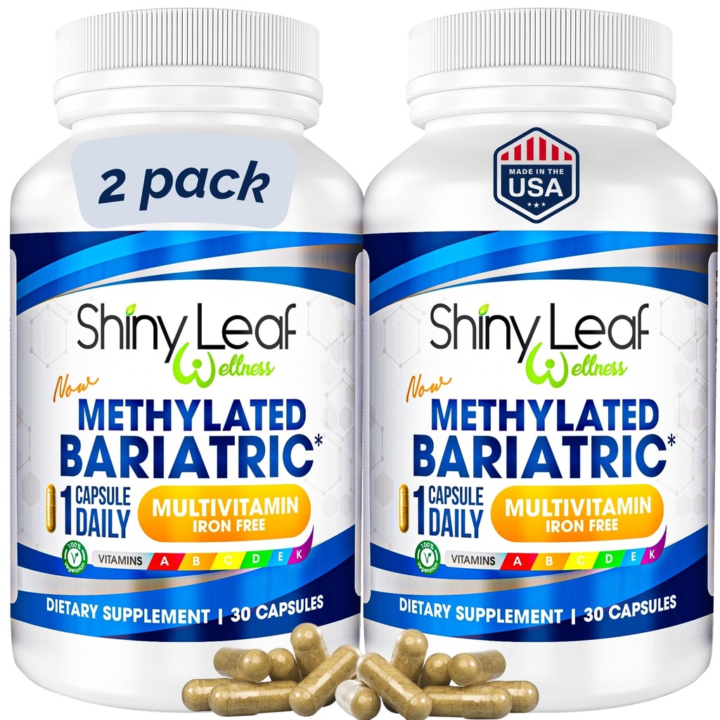 Shiny Leaf Methylated Bariatric Multivitamin Without Iron – Vitamins for Gastric Bypass & Sleeve, 1 Daily Capsule W Methylated Folate, B12, A, C, D, K & More. Vegetarian, Soy-Free, USA Made (60 Ct.)