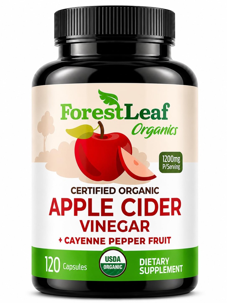 USDA Organic Apple Cider Vinegar Capsules with Mother, 1200 mg | Vegan & Non-GMO | Apple Cider Vinegar Pills with Cayenne Pepper & Ginger Root | 120 Caps