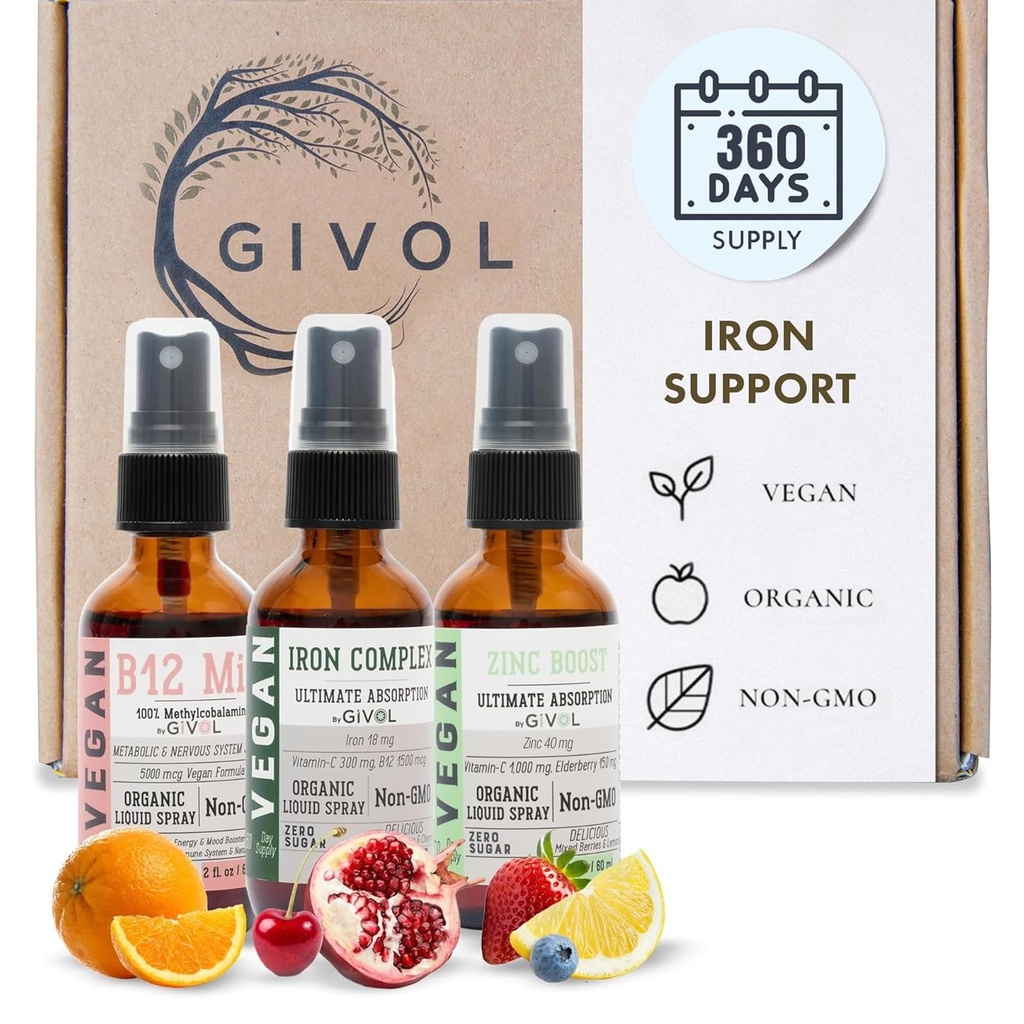 Iron Support Spray Bundle Liquid Vitamin B12 Methylcobalamin, Zinc Picolinate, and Bisglycinate | Non-GMO, Gluten-Free, Sugar-Free Iron Supplement | 2 Fl Oz Each | 360 Days Supply