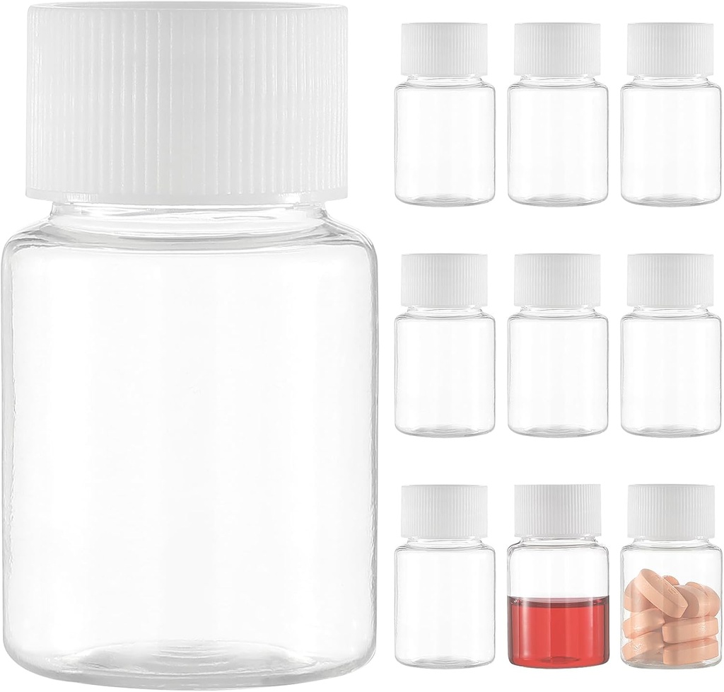Small Clear Pill Bottle, Plastic Medicine Pill Bottle, Mini Plastic Clear Leer Reagent für flüssiges Pulver Cylindrical Container(10 Stück, 30ml)