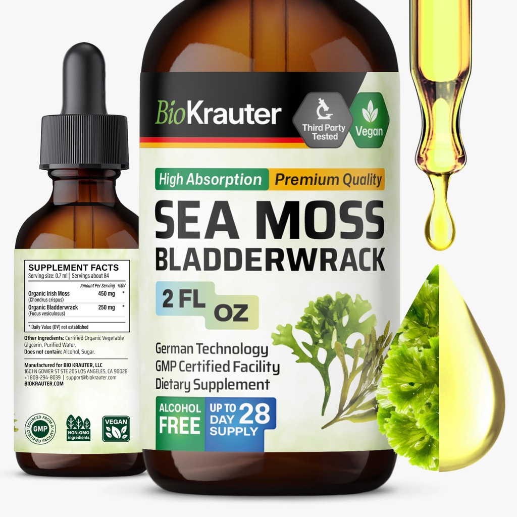 BIO KRAUTER Irish Sea Moss Drops - Chondrus Crispus Sea Mos Supplement con Bladderwrack - Alcol & Sugar Free Iodine Supplement - 2 Fl.Oz.