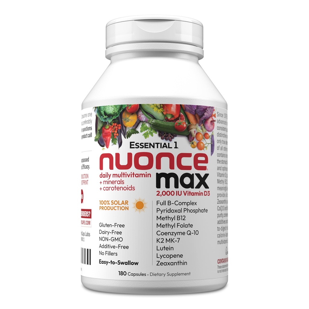 ANDREW LESSMAN Essential-1 nuonce max Multivitamine 2000 UI Vitamine D3 180 Petites Capsules. 100 mcg Méthyl B12. CoQ10 Lutéine Lycopène Zeaxanthin. Haute puissance. Pas d'additifs. Une gélule quotidienne ultra-mince
