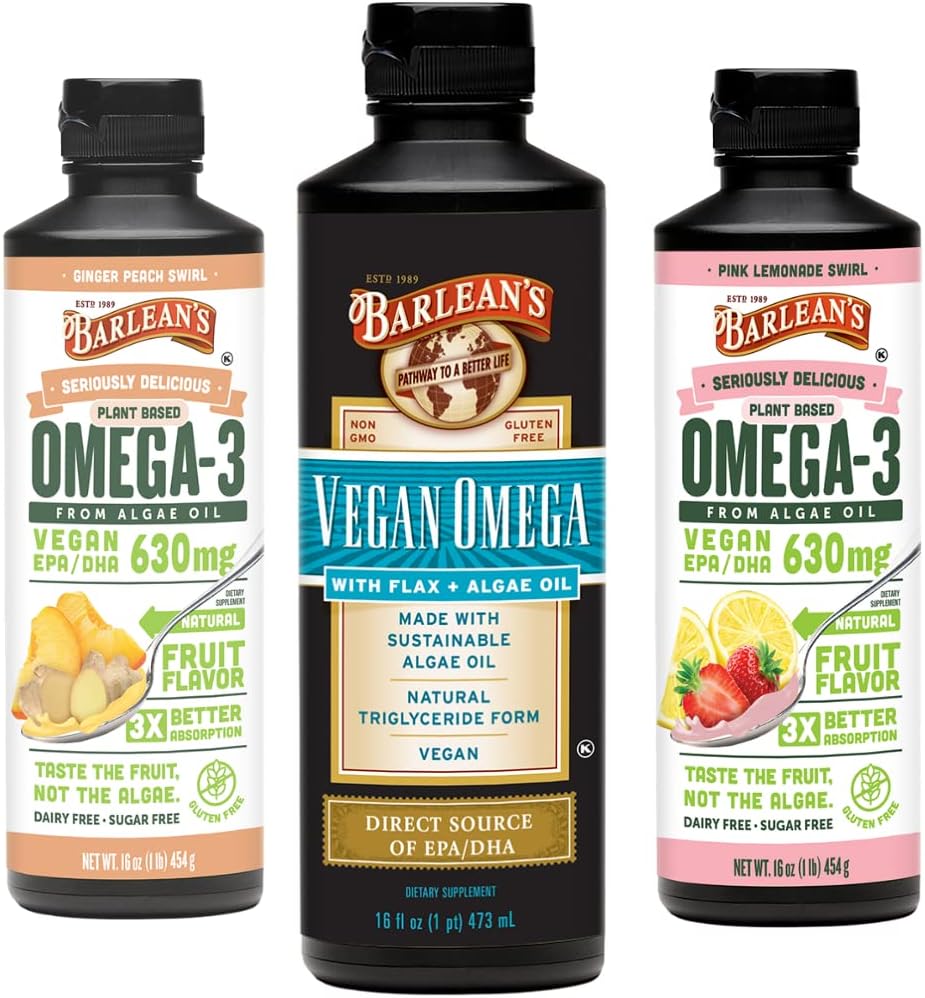 Barlean's Vegan Omega 3 Algae Öl Liquid Supplement Bundle, enthält Flaxseed und Algae Öl Blend, Ingwer Peach und Pink Lemonade Flavors, EPA und DHA Fettsäuren