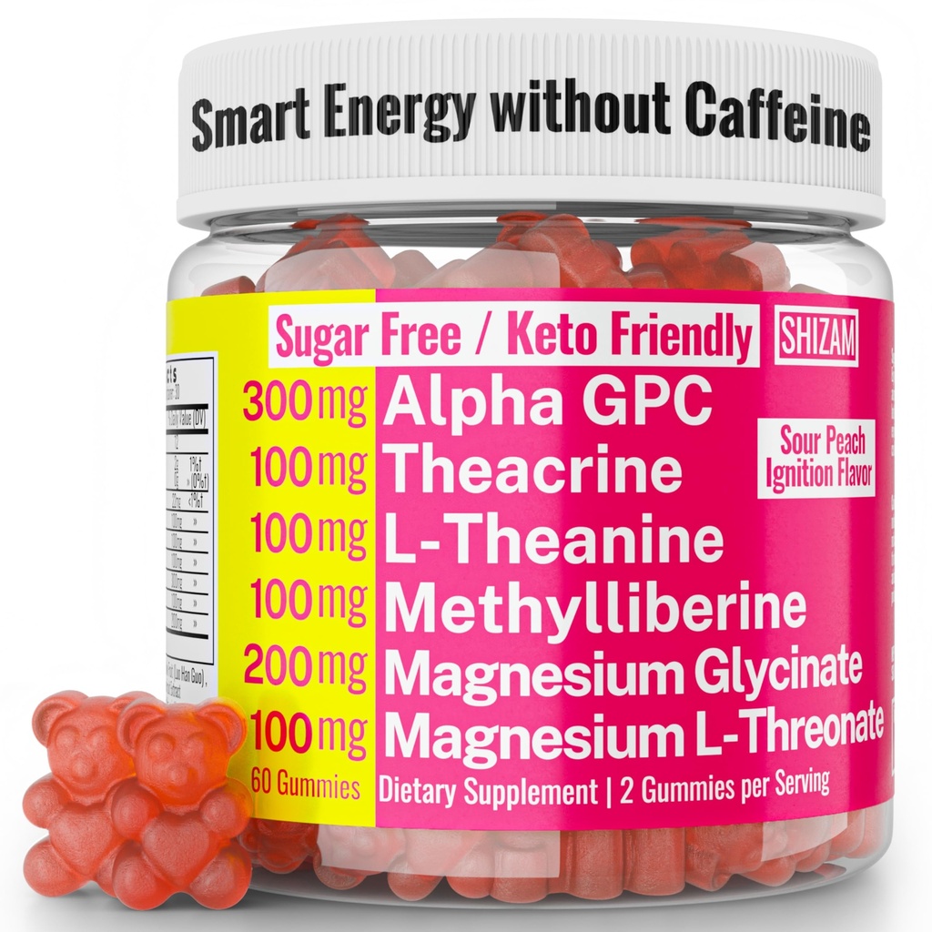 Alpha GPC Teacrine Magnesium L-Threonate & Glycinate Complex L-Theanine Methylliberine Gummies, Caffeine Gum Capsules Pills Supplement Pill Capsule Powder Supplements Alternative, 100mg 200mg 300mg