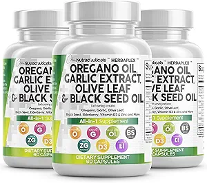 Saubere Nutraceuticals Oregano Öl Knoblauch Extrakt Olivenöl Blatt Schwarz Samenöl - Immununterstützung & Verdauungsergänzung für Frauen und Männer mit Vitamin D3 & Zink - 3Pack