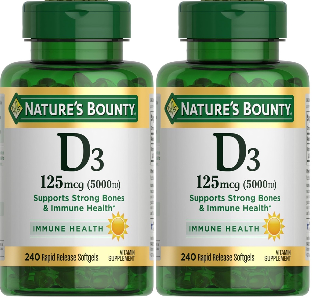 Nature's Bounty Vitamin D3 5000 IU Softgels, Rapid Release, Immune Support, Vitamin D Supplements, 240 Ct (Pack of 2)