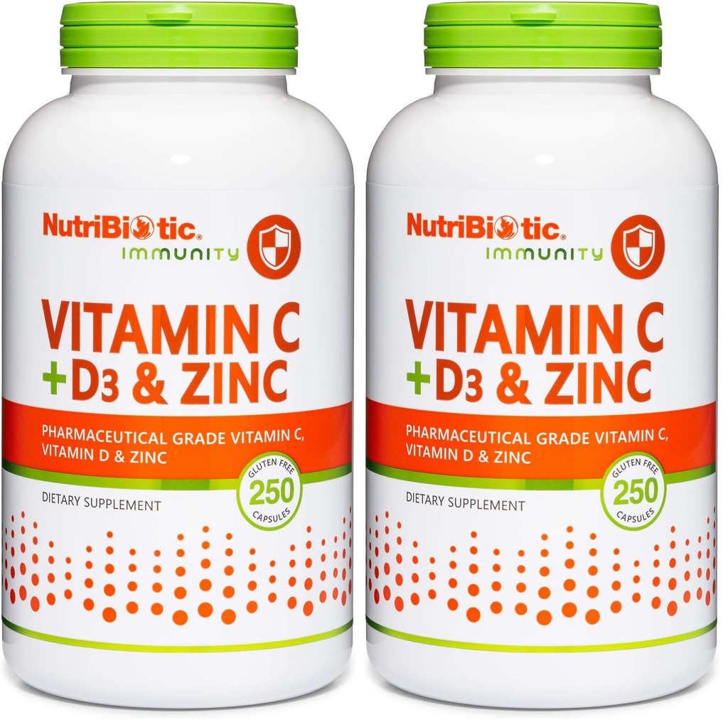 NutriBiotic – Vitamin C + Vitamin D3 & Zinc, 250 Capsules | Potent, Comprehensive Immune Support | Essential & Antioxidant Daily Supplement | Gluten & GMO Free (Pack of 2)