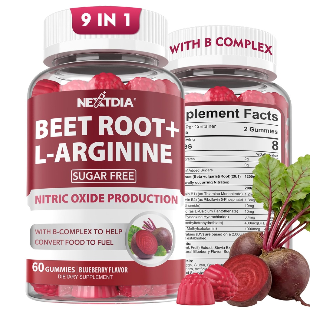 Beet Root Gummies & L-Arginin, Nitric Oxid Ergänzungen für Männer & Frauen w/Organic Beets, B1, B2, B3, B5, B6, Folate, B12 für Energie Boost & Zirkulation Unterstützung, Sugar Free, 120 Cts