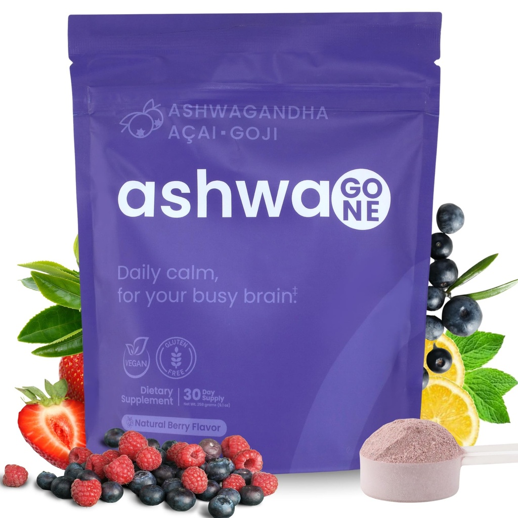 Ashwagone KSM-66 Ashwagandha Powder Drink Mix – Daily Calm & Focus Support – With Magnesium Glycinate, L-Theanine, GABA, Lemon Balm, Acai & Goji Berry – Vegan Supplement – 30 Servings