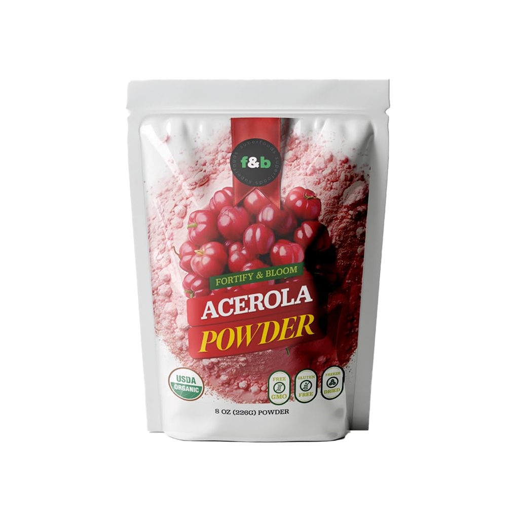 f&b superfoods Pure Organic Acerola Cherry Powder Freeze Getrocknet (8oz), Bio Vitamin C Pulver für Immunsystem Booster, Smoothie, Kirschsaft, Acerola Vitamin c Bulk Powder, Brasilien Herkunft.