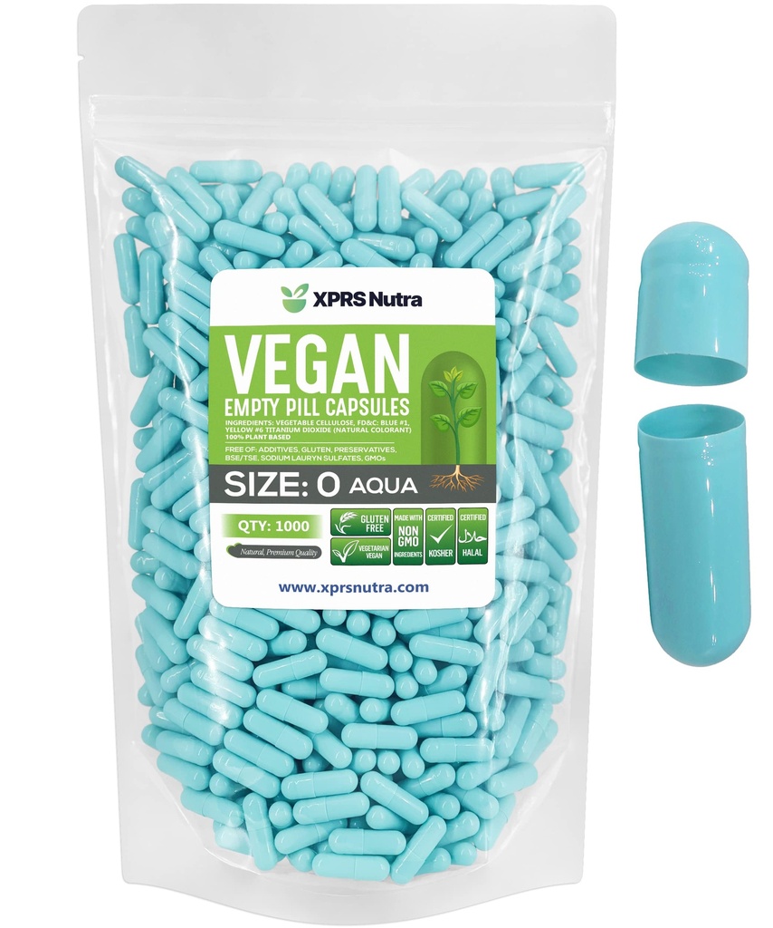 XPRS Nutra Size 0 Capsule Vuoti - 1000 Count Empty Vegan Capsule - Pillole Vegetariane - DIY Capsule Vegetali Filling- Veggie Pill Gel Caps per Do-It-Yourself Supplements (Aqua)