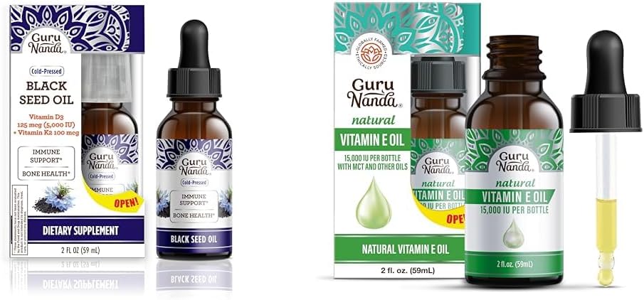 GuruNanda Olio di semi neri, Nigella Sativa a freddo - Ricco di vitamina D3 5000 unità, K2 & E & Vitamina E olio (2 Fl Oz) - 100% puro & naturale, 15.000 UI per bottiglia per pelle, capelli, faccia