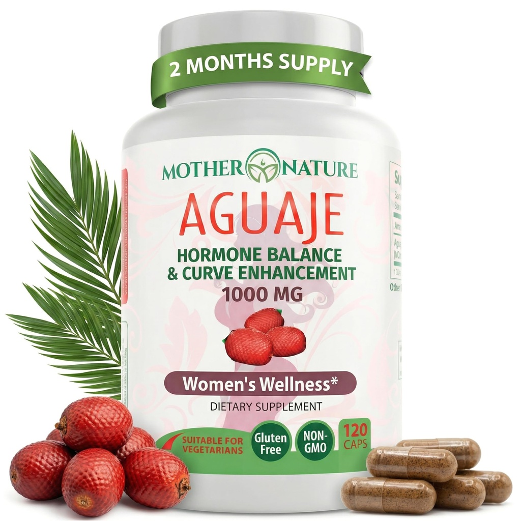 Mère Nature Aguaje Curves Capsules pour femmes, 1000mg (120ct), naturel et source durable Aguaje Fruit du Pérou pour la santé des femmes, Hormone Balance, Enhancer Courbe, Vegan, Non-OGM et sans gluten
