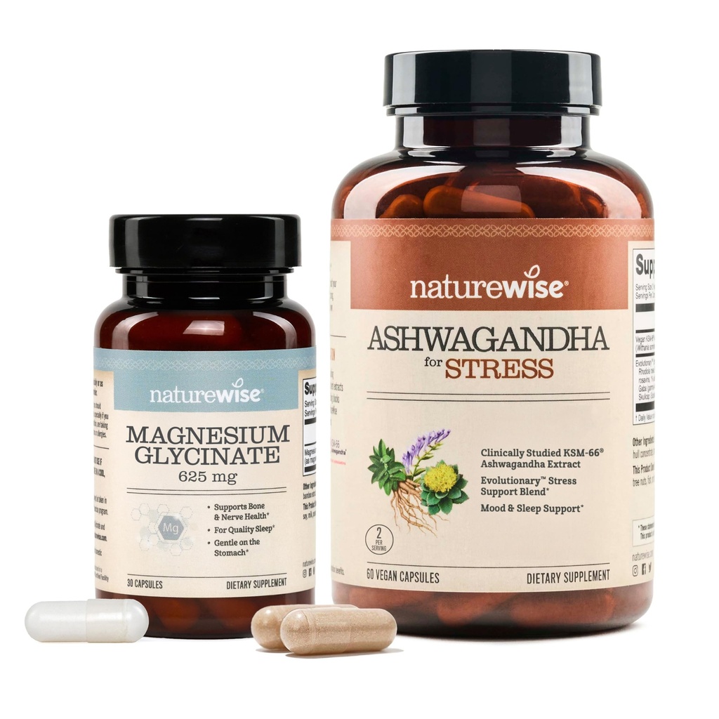 [1] NatureWise Magnesium Glycinate 625mg - Chelated Magnesium - 30 Capsules[30-Day Supply] + [1] Ashwagandha for Stress + GABA & L-Theanine - 60 Capsules[30-Day Supply]