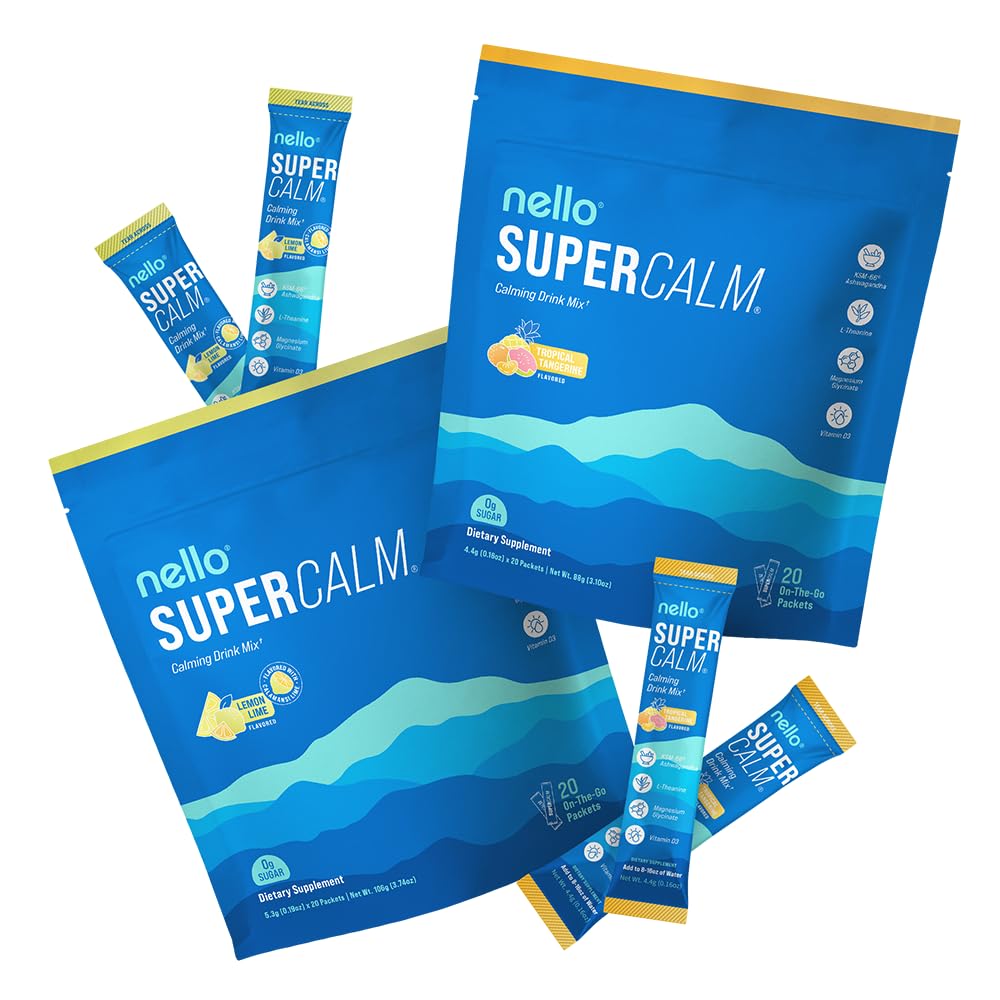 Nello Supercalm Drink Mix - Lemon Lime and Tropical Tangerine Ashwagandha KSM 66, Magnesium Glycinate & L-Theanine Supplement - Focus and Relaxation Support (20 Travel Packets)