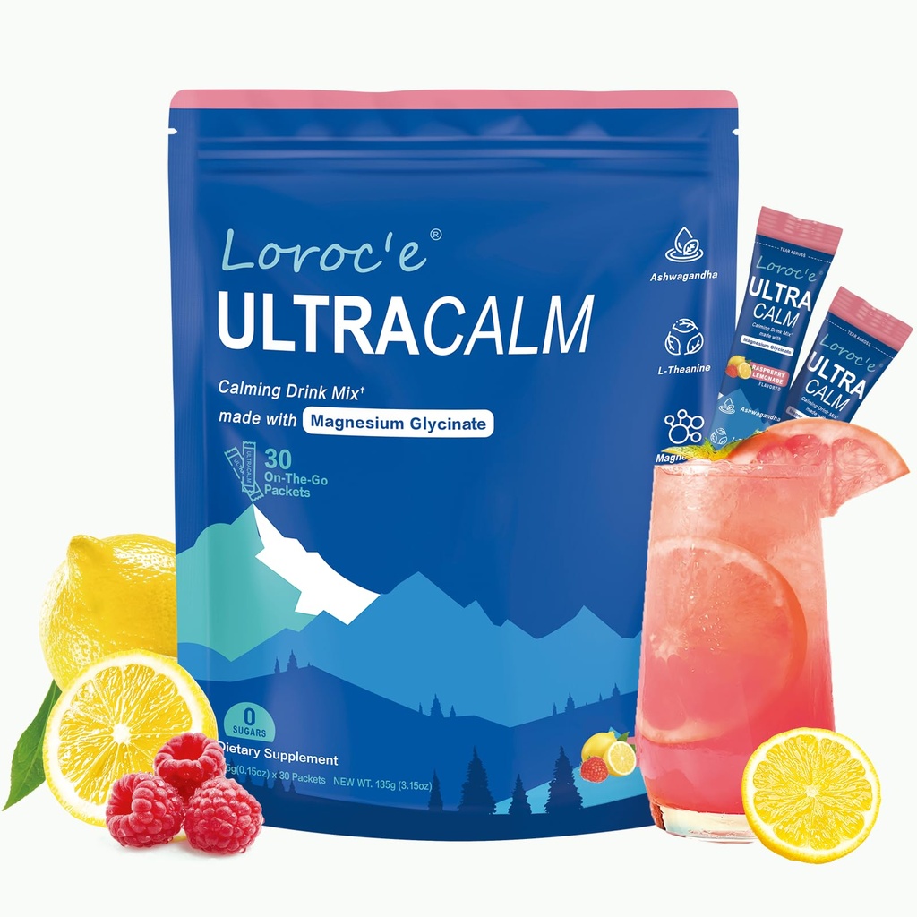 Loroc'e UltraCalm Super Cortisol Reducer Drink, Magnesium Glycinate (30 Servings), L-theanine, Ashwagandha, Vitamin D, No Sugar, Raspberry Lemonade Sleep Aid Powder