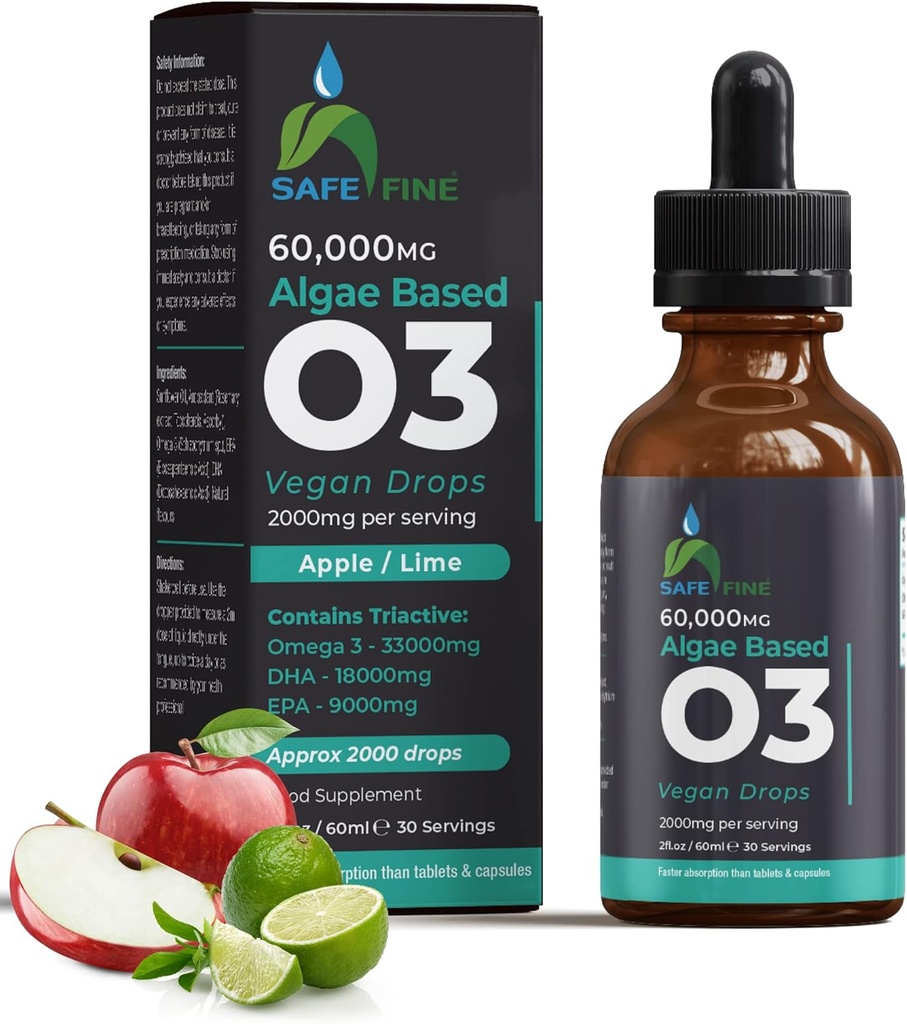 Omega 3 Liquid Vegan Drops - DHA & EPA von Algae Oil - 60 ml Dropper Bottle - 2000 mg pro Servierung - Unterstützt Gesamtkörper Wellness Supplement für die ganze Familie