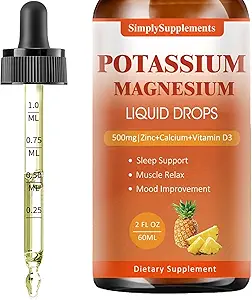 Supplemento di magnesio di potassio - Potassium 99mg & 500mg Magnesium Glycinate Complex Gocce liquide con calcio, zinco, vitamina B6, D3 - Energy & Bone & Muscle Support - 2 Fl oz