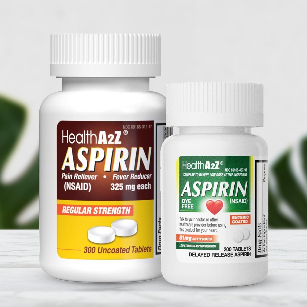 HealthA2Z® Aspirin Bundle – 325mg Regular Strength (300 Tablets) Uncoated + 81mg Low Dose (200 Tablets, Dye-Free, Enteric Coated) | Total 500 Tablets | Pain Reliever & Fever Reducer