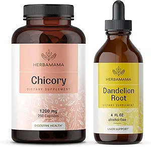 HERBAMAMA Chicory and Dandelion Kit - Ensemble de 1 200 mg Chicory Root Capsules & Dandelion Root Tection 4 fl oz - Vegan, non-OGM, sans sucre et sans alcool - 2 Pack