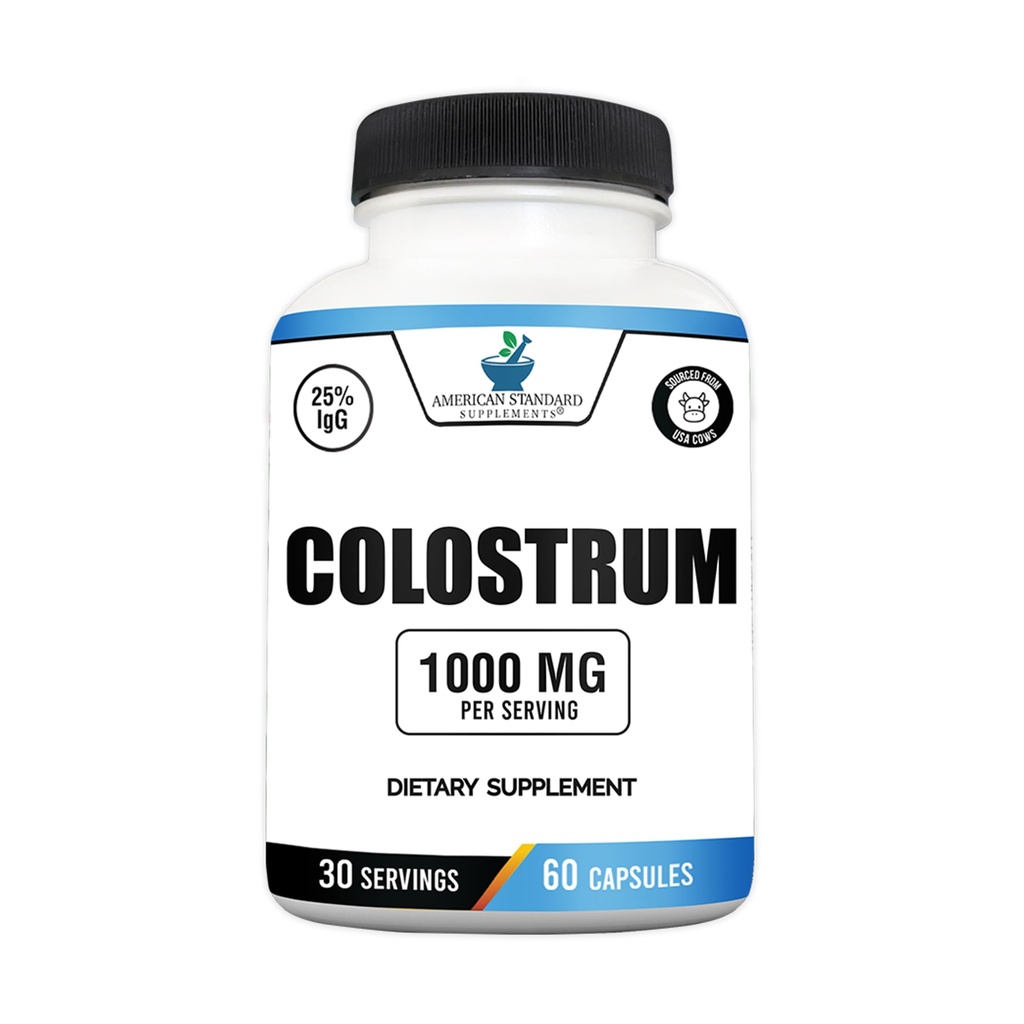 American Standard Suppléments Colostrum Capsules - 1000mg par portion, 60 Capsules, États-Unis Source Coostrum de vache, standardisé à 25% Immunoglobulines (IgG)