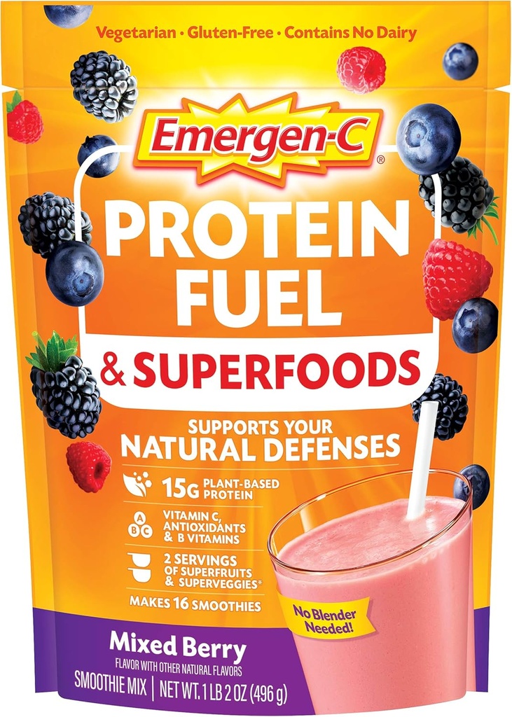 Emergen-C Protein Powder Fuel & Superfoods (16 Servierungen, Mixed Berry Flavor) Pflanzenbasierte und vegetarische Shake Mix mit Bio-Superfoods, Vitamin C & andere Antioxidantien