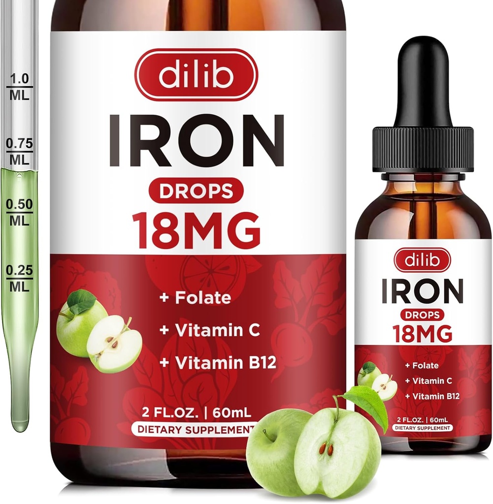 Flüssige Eisen-Ergänzung für Frauen und Männer Eisen Tropfen Eisen Ergänzungen für Anämie mit Folat, Vitamin C, B12 für Rote Blutzellen Unterstützung-Green Apple Flavor, 2 Fl Oz