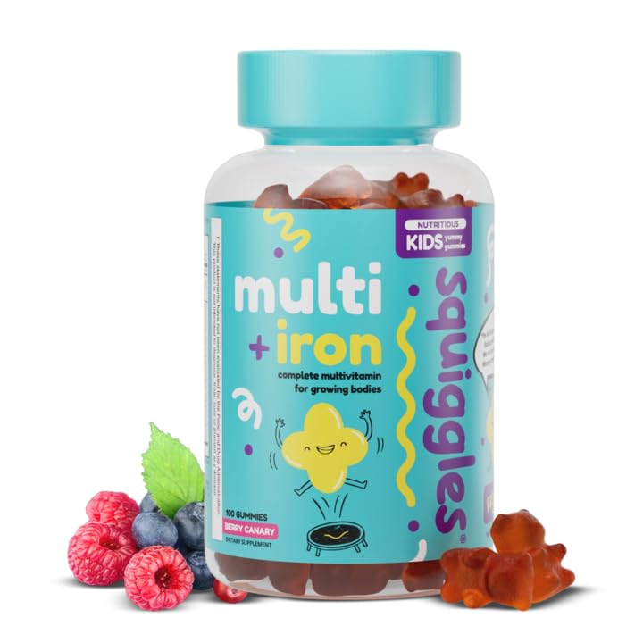 Squiggles enfants Multivitamine + Gommies de fer - Vitamines à faible teneur en sucre avec suppléments de fer pour enfants - Large spectre de vitamines et minéraux, Chewy, Miamy Berry Flavor (100 comte)