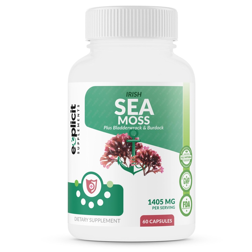 eXplicit Supplements Super Sea Moss Capsules with Bladderwrack and Burdock for Thyroid, Digestive & Joint Support - Non-GMO Irish Sea Moss Superfood - 1800mg Servings - 60 Capsules
