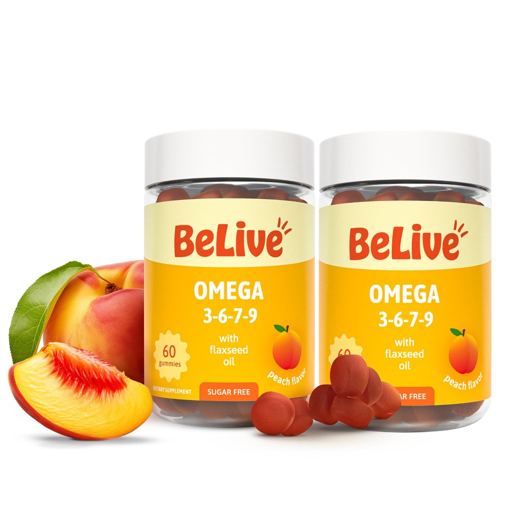 BeLive Organic Omega 3 Gummies - Omega 3 6 9 7 DHA & EPA von Flaxseed Oil & Sea Buckthorn Fruchtöl, Vegan, für Kinder & Erwachsene, Vollkörper, Gehirn & Augenunterstützung, Zuckerfrei – Peach | 2-Pack