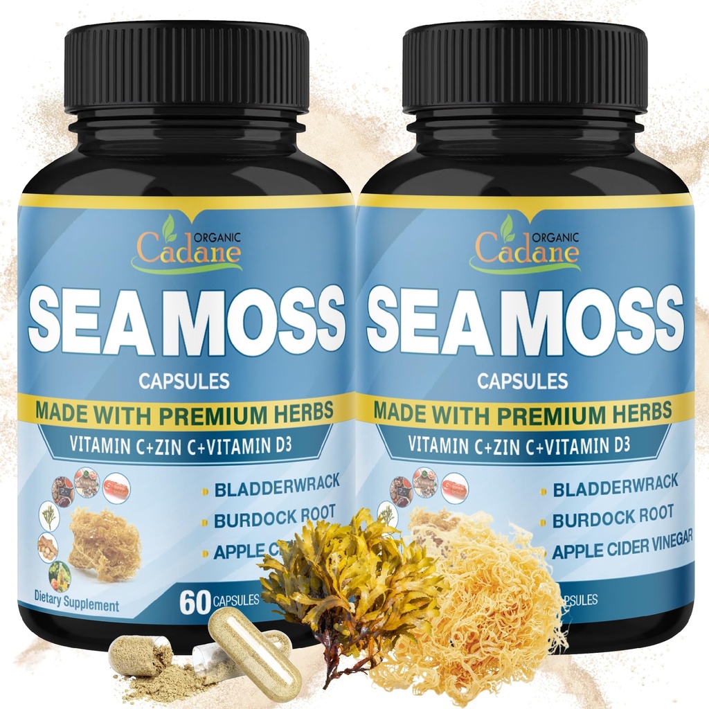 Cadane 2 Packs Irish Sea Moss Powder Capsules & VitaminC, D3, Zin.C, Bladderwrack, Burdock Root, Apple Cider, Elderberry, Pepper - Supports Immune System & Overall Health - 2 Months Supply
