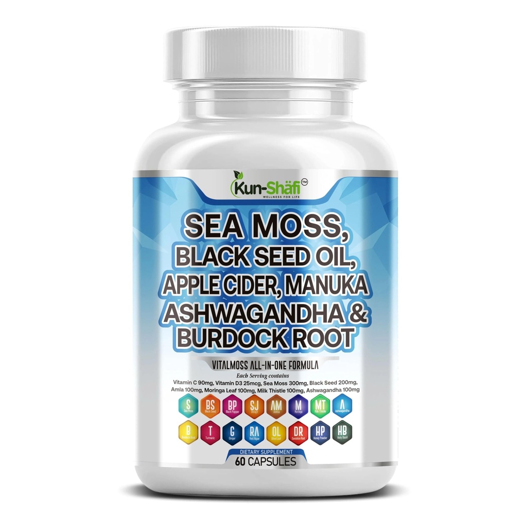 Sea Moss Complex – with Black Seed Oil, Shilajit, Amla, Moringa, Turmeric, Ashwagandha & Burdock – Enriched with Vitamin C, D3, Chlorophyll, Manuka & Ginger – 60 Capsules