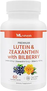 ML Naturals Premium Lutein & Zeaxanthin con Bilberry 60 capsule vegetali. Lutein 40 mg, Zeaxanthin 5 mg, e Bilberry 100 mg. Qualità Premium. Occhi e visione sani, NSF-Certified & cGMP-Compliant